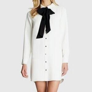 CeCe Cream Long Sleeve Tie Neck Mini Shirtdress with Black Bow Size Small